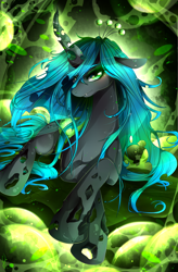 Size: 2200x3347 | Tagged: safe, artist:invidiata, queen chrysalis, changeling, changeling queen, blushing, changeling hive, crossed hooves, egg, fangs, female, lidded eyes, looking at you, lying down, mare, solo