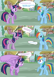 Size: 2115x3000 | Tagged: safe, artist:johnshowes, derpibooru import, rainbow dash, twilight sparkle, twilight sparkle (alicorn), alicorn, pegasus, pony, comic, cute, female, grammar error, high res, impossibly large wings, mare, pun