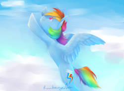 Size: 1024x759 | Tagged: safe, artist:leechetious, derpibooru import, rainbow dash, pegasus, pony, backwards cutie mark, flying, solo