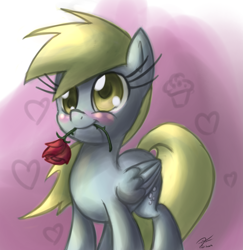 Size: 2083x2142 | Tagged: safe, artist:leadhooves, derpy hooves, pegasus, pony, cute, derpabetes, female, flower, flower in mouth, high res, mare, mouth hold, rose, smiling, solo