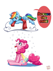 Size: 600x800 | Tagged: safe, artist:norang94, derpibooru import, pinkie pie, rainbow dash, earth pony, pegasus, pony, clothes, cloud, female, lesbian, pinkiedash, scarf, shipping, snow, snowfall