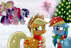 Size: 847x571 | Tagged: dead source, safe, artist:orangeaussie, derpibooru import, applejack, fluttershy, pinkie pie, rainbow dash, rarity, twilight sparkle, twilight sparkle (alicorn), alicorn, earth pony, pegasus, pony, unicorn, appledash, christmas, female, lesbian, magic, mane six, mare, mistletoe, shipper on deck, shipping, telekinesis