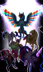 Size: 1702x2836 | Tagged: safe, artist:beyondtheillusion, derpibooru import, apple bloom, applejack, fluttershy, pinkie pie, rainbow dash, rarity, scootaloo, sweetie belle, twilight sparkle, twilight sparkle (alicorn), alicorn, earth pony, pegasus, pony, unicorn, colored wings, cutie mark crusaders, female, filly, glowing horn, magic, mane six, mare, multicolored wings, rainbow wings, request, smiling, spread wings, wings