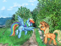 Size: 1600x1200 | Tagged: safe, artist:gingerady, derpibooru import, applejack, rainbow dash, earth pony, pegasus, pony, eye contact, flying, looking at each other, path, scenery, trail, tree, underhoof