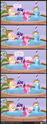 Size: 900x2370 | Tagged: safe, artist:dm29, derpibooru import, fluttershy, pinkie pie, rainbow dash, twilight sparkle, earth pony, pegasus, pony, bath, bubble, comic, confetti, fart, farting confetti, hot tub, jacuzzi, remastered