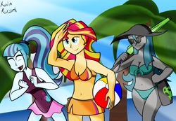 Size: 2600x1800 | Tagged: safe, artist:xain-russell, queen chrysalis, sonata dusk, sunset shimmer, changeling, changeling queen, equestria girls, ask sunset the otaku, beach, beach ball, belly button, bikini, clothes, hat, sun hat, sunglasses, swimsuit, umbrella