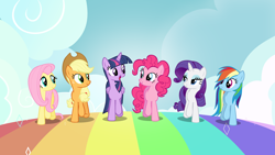 Size: 7680x4320 | Tagged: safe, artist:frownfactory, derpibooru import, applejack, fluttershy, pinkie pie, rainbow dash, rarity, twilight sparkle, twilight sparkle (alicorn), alicorn, earth pony, pegasus, pony, unicorn, all bottled up, absurd resolution, best friends until the end of time, female, mane six, vector, wallpaper