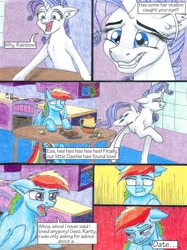 Size: 1280x1707 | Tagged: safe, artist:tillie-tmb, derpibooru import, rainbow dash, rarity, pegasus, pony, unicorn, comic:the amulet of shades, blushing, comic, cup, table, teacup, teapot, teasing, traditional art