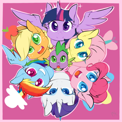 Size: 1000x1000 | Tagged: safe, artist:chibimlp-lover, derpibooru import, applejack, fluttershy, pinkie pie, rainbow dash, rarity, spike, twilight sparkle, twilight sparkle (alicorn), alicorn, dragon, earth pony, pegasus, pony, unicorn, female, high angle, mane seven, mane six, mare