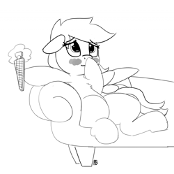 Size: 1280x1277 | Tagged: safe, artist:pabbley, derpibooru import, rainbow dash, pegasus, pony, 30 minute art challenge, blushing, monochrome, nail file, offscreen character, simple background, sofa, solo, white background