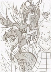 Size: 1629x2290 | Tagged: safe, artist:rossmaniteanzu, king sombra, queen chrysalis, changeling, changeling queen, pony, unicorn, crystal heart, heart, monochrome, sketch, spider web, traditional art