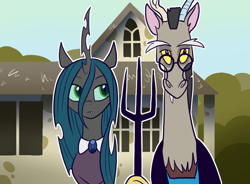 Size: 770x568 | Tagged: safe, artist:pixel-prism, discord, queen chrysalis, changeling, changeling queen, draconequus, american gothic, clothes, female, fine art parody, glasses, male, parody, pitchfork, twilight sparkle's secret shipfic folder