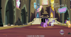 Size: 1152x608 | Tagged: safe, derpibooru import, screencap, applejack, fluttershy, rainbow dash, rarity, twilight sparkle, twilight sparkle (alicorn), alicorn, earth pony, pegasus, pony, unicorn, power ponies (episode), female, hub logo, hubble, mare, meme, the hub, youtube caption