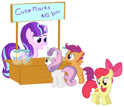 Size: 1000x863 | Tagged: safe, artist:sollace, apple bloom, scootaloo, starlight glimmer, sweetie belle, earth pony, pegasus, pony, unicorn, the cutie map, applejack's cutie mark, bad end, booth, capitalist communist, cutie mark, cutie mark crusaders, female, filly, foal, jar, jars, mare, pinkie pie's cutie mark, rainbow dash's cutie mark, rarity's cutie mark, simple background, transparent background, vector