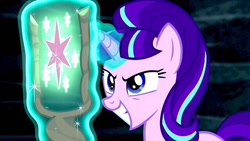 Size: 640x361 | Tagged: safe, edit, screencap, starlight glimmer, pony, unicorn, the cutie map, cutie mark, evil grin, eyestrain warning, grin, magic, s5 starlight, saturated, smiling, solo, staff, staff of sameness