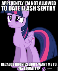 Size: 788x960 | Tagged: safe, artist:bobsicle0, artist:nano23823, flash sentry, starlight glimmer, twilight sparkle, twilight sparkle (alicorn), alicorn, pony, drama, drama bait, mouthpiece, op is a cuck, op is trying to start shit, pouting, sad, smiling, yay equality
