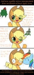 Size: 640x1400 | Tagged: safe, artist:wryte, derpibooru import, applejack, rainbow dash, earth pony, pegasus, pony, appledash, blushing, comic, female, hat, holly, holly mistaken for mistletoe, kissing, lesbian, mistletoe, public service announcement, shipping