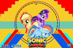 Size: 2499x1663 | Tagged: safe, artist:trungtranhaitrung, derpibooru import, applejack, rainbow dash, twilight sparkle, earth pony, pegasus, pony, unicorn, cowboy hat, crossover, female, filly, hat, looking at you, sega, smiling, sonic mania, sonic team, sonic the hedgehog, sonic the hedgehog (series), stetson, trio