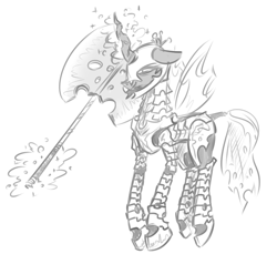 Size: 1051x962 | Tagged: safe, artist:nobody, queen chrysalis, changeling, changeling queen, armor, axe, female, magic, monochrome, sketch, solo, telekinesis