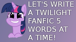 Size: 370x206 | Tagged: safe, derpibooru import, twilight sparkle, pony, unicorn, bust, female, mare, smiling, solo, text, wat