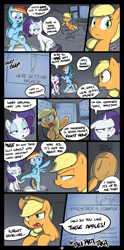 Size: 1031x2072 | Tagged: safe, artist:shoutingisfun, derpibooru import, applejack, rainbow dash, rarity, earth pony, pegasus, pony, unicorn, applejack's hat, comic, computer, console, cowboy hat, dialogue, hacker, hacking, hat, onomatopoeia, speech bubble, typing