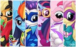 Size: 2560x1600 | Tagged: safe, artist:mysticalpha, derpibooru import, applejack, fili-second, fluttershy, humdrum, masked matter-horn, mistress marevelous, pinkie pie, radiance, rainbow dash, rarity, saddle rager, spike, twilight sparkle, twilight sparkle (alicorn), zapp, alicorn, dragon, earth pony, pegasus, pony, unicorn, power ponies (episode), female, mane seven, mane six, mare, power ponies, wallpaper