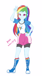 Size: 1558x2826 | Tagged: safe, artist:rosa, derpibooru import, rainbow dash, equestria girls, grin, peace sign, simple background, smiling, solo, white background