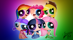 Size: 1024x557 | Tagged: safe, artist:jerimin19, derpibooru import, applejack, fluttershy, pinkie pie, rainbow dash, rarity, twilight sparkle, earth pony, pony, clothes, dress, gala dress, gradient, mane six, the powerpuff girls