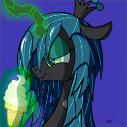 Size: 2000x2000 | Tagged: dead source, safe, artist:soveno, queen chrysalis, changeling, changeling queen, ice cream, magic, solo