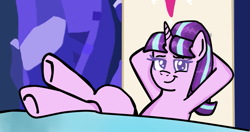Size: 887x467 | Tagged: safe, artist:apple-jazzy, starlight glimmer, pony, unicorn, the cutie re-mark, friendship throne, hooves on the table, i raided your fridge, s5 starlight, scene interpretation, smug, smuglight glimmer, solo, that was fast, welcome home twilight, zero fucks given