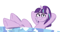 Size: 1519x800 | Tagged: safe, artist:mightyshockwave, starlight glimmer, pony, unicorn, the cutie re-mark, :t, animatic, arm behind head, castle, comic con, crossed legs, cutie map, hooves on the table, lidded eyes, looking at you, map, s5 starlight, san diego comic con, simple background, smirk, smug, smuglight glimmer, underhoof, welcome home twilight, white background