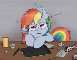 Size: 1693x1311 | Tagged: safe, artist:orang111, derpibooru import, rainbow dash, pegasus, pony, cup, cute, dashabetes, desk, deutsche bahn, drool, eraser, female, fluffy, graphics tablet, model train, paper ball, sketch, sleeping, sleeping while sitting, sleepy, snoring, solo, squeans, tablet, tired, zzz