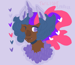 Size: 900x788 | Tagged: safe, artist:oliviaandedd, derpibooru import, twilight sparkle, bust, choker, dark skin, eared humanization, heart, horned humanization, humanized, looking at you, piercing, portrait, short ahir, smiling, solo, wingding eyes, wink