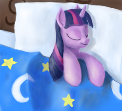 Size: 1100x1002 | Tagged: safe, artist:wollw, derpibooru import, twilight sparkle, pony, bed, eyes closed, female, lying on bed, mare, pillow, sleeping, smiling, solo