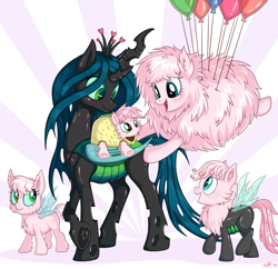 Size: 1426x1380 | Tagged: safe, artist:sorcerushorserus, queen chrysalis, oc, oc:fluffle puff, changeling, changeling queen, changepony, hybrid, balloon, canon x oc, chrysipuff, crossbreed, cute, cutealis, family, female, interspecies offspring, lesbian, magical lesbian spawn, mommy chrissy, next generation, offspring, parent:oc:fluffle puff, parent:queen chrysalis, parents:canon x oc, parents:chrysipuff, shipping, suspended, taco costume, tongue out, underhoof, we need more of this ship