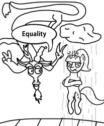 Size: 320x387 | Tagged: safe, artist:platinumdrop, discord, starlight glimmer, comic, equality, missing horn, monochrome, race swap