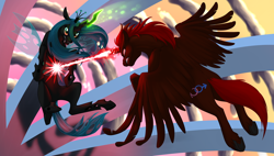 Size: 1200x680 | Tagged: safe, artist:foxenawolf, queen chrysalis, oc, oc:free agent, alicorn, changeling, changeling queen, pony, fanfic:a different perspective, beam, fanfic art, fight, flying, glare, glowing horn, gritted teeth, magic, magic blast, spread wings, underhoof