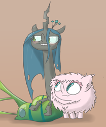 Size: 1518x1819 | Tagged: safe, artist:switchy, queen chrysalis, oc, oc:fluffle puff, changeling, changeling queen, blushing