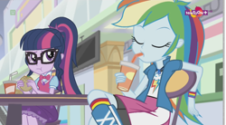 Size: 1152x638 | Tagged: safe, derpibooru import, screencap, rainbow dash, sci-twi, twilight sparkle, equestria girls, mirror magic, spoiler:eqg specials, burger, canterlot mall, drink, drinking, eating, food, geode of super speed, hamburger, magical geodes, soda, teletoon, twilight burgkle