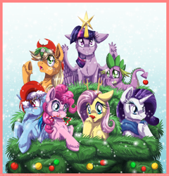 Size: 900x937 | Tagged: safe, artist:inuhoshi-to-darkpen, derpibooru import, applejack, fluttershy, pinkie pie, rainbow dash, rarity, spike, twilight sparkle, twilight sparkle (alicorn), alicorn, dragon, earth pony, pegasus, pony, unicorn, candy cane, christmas, christmas tree, clothes, female, hat, hooves, mane seven, mane six, mare, mistletoe, ornament, red nose, reindeer antlers, santa hat, scarf, tree, unshorn fetlocks