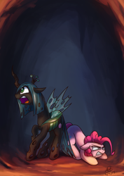 Size: 1024x1448 | Tagged: safe, artist:anticular, pinkie pie, queen chrysalis, changeling, changeling queen, earth pony, pony, alternate hairstyle, angry, back to back, cave, commission, crouching, cutie mark, duo, duo female, face down ass up, female, floppy ears, frown, glare, gritted teeth, mare, open mouth, raised hoof, short hair, wide eyes