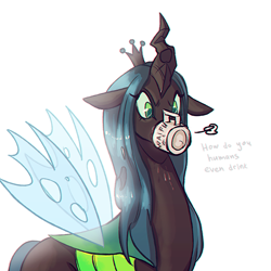 Size: 600x600 | Tagged: dead source, safe, artist:zilvtree-zauani, queen chrysalis, changeling, changeling queen, chromatic aberration, coffee mug, cute, cutealis, dialogue, female, horse problems, simple background, solo