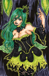 Size: 2723x4230 | Tagged: safe, artist:fir3h34rt, queen chrysalis, human, cleavage, clothes, dress, female, humanized, solo, traditional art