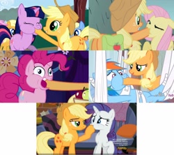 Size: 1152x1024 | Tagged: safe, derpibooru import, edit, edited screencap, screencap, apple cider (character), apple cobbler, applejack, fluttershy, pinkie pie, rainbow dash, rarity, twilight sparkle, earth pony, pegasus, pony, unicorn, dragonshy, friendship is magic, made in manehattan, rainbow falls, apple family member, hoof in mouth, hoofjack, mane six