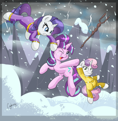 Size: 5888x6069 | Tagged: safe, artist:thebrokencog, rarity, starlight glimmer, sweetie belle, pony, unicorn, the cutie map, absurd resolution, abuse, angry, chouriki sentai ohranger, clothes, commission, crossover, female, fight, filly, glimmerbuse, mare, one eye closed, open mouth, power rangers, power rangers zeo, purple ranger, s5 starlight, snow, snowfall, staff, staff of sameness, starlight gets what's coming to her, super sentai, yellow ranger