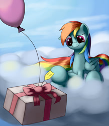 Size: 1275x1468 | Tagged: safe, artist:grennadder, derpibooru import, pinkie pie, rainbow dash, earth pony, pegasus, pony, balloon, cloud, cloudy, cute, present, solo