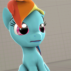 Size: 250x250 | Tagged: safe, artist:argodaemon, derpibooru import, rainbow dash, pegasus, pony, 3d, animated, blinking, caption, confused, cute, female, floppy ears, frown, gif, gritted teeth, looking at you, mare, open mouth, reaction image, sitting, solo, source filmmaker, talking, wat