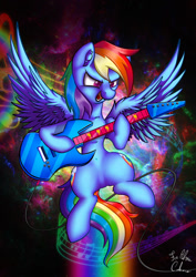 Size: 877x1240 | Tagged: safe, artist:calena, derpibooru import, rainbow dash, pegasus, pony, equestria girls, rainbow rocks, abstract, belly button, both cutie marks, electric guitar, female, guitar, mare, music notes, open mouth, smiling, solo, sonic rainboom, space