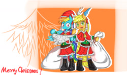 Size: 1024x608 | Tagged: safe, artist:luciferamon, derpibooru import, applejack, rainbow dash, earth pony, pegasus, pony, bipedal, christmas, clothes, costume