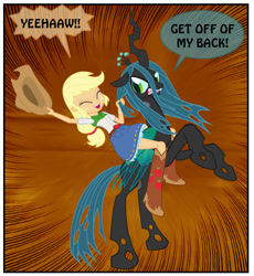 Size: 927x1007 | Tagged: safe, artist:ponymaan, applejack, queen chrysalis, changeling, changeling queen, comic:lyra-lyra's bizarre adventure, equestria girls, angry, cropped, duo, hair pulling, humans riding changelings, rearing, red background, riding, rodeo, simple background